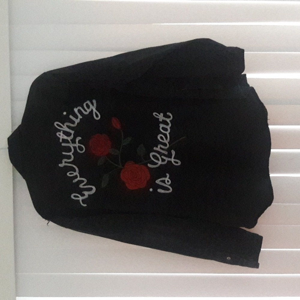 American Eagle Outfitters Black Button Down Shirt with Red Rose Embroidery